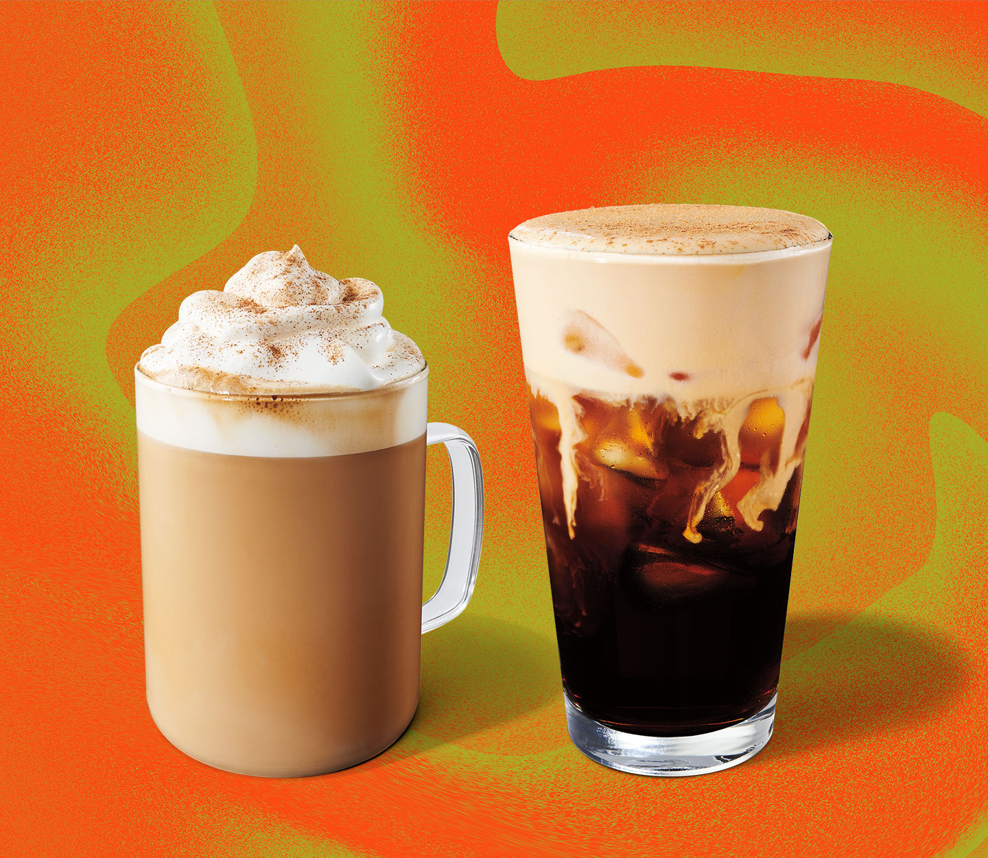 A coffee drink with whip cream topping in a clear mug next to a marbled coffee drink in a tall, clear glass with thick foam topping.