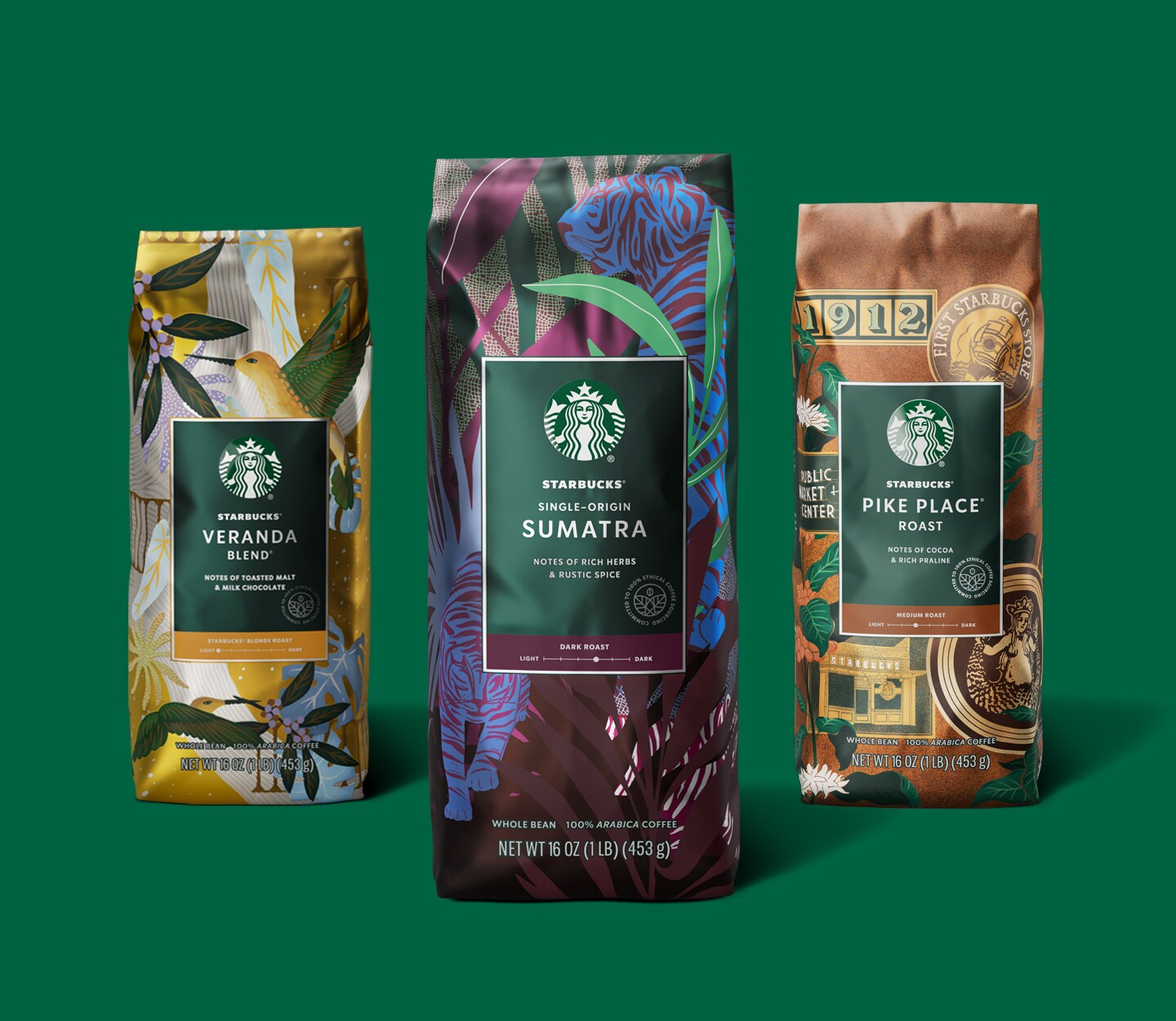 Image of three new coffee bags for Veranda Blend, Sumatra and Pike Place Roast