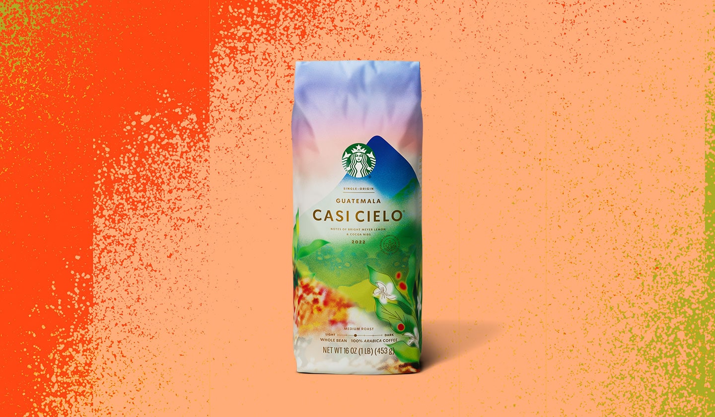 A colorfully illustrated coffee bag with plants in the foreground and a mountain in the background.