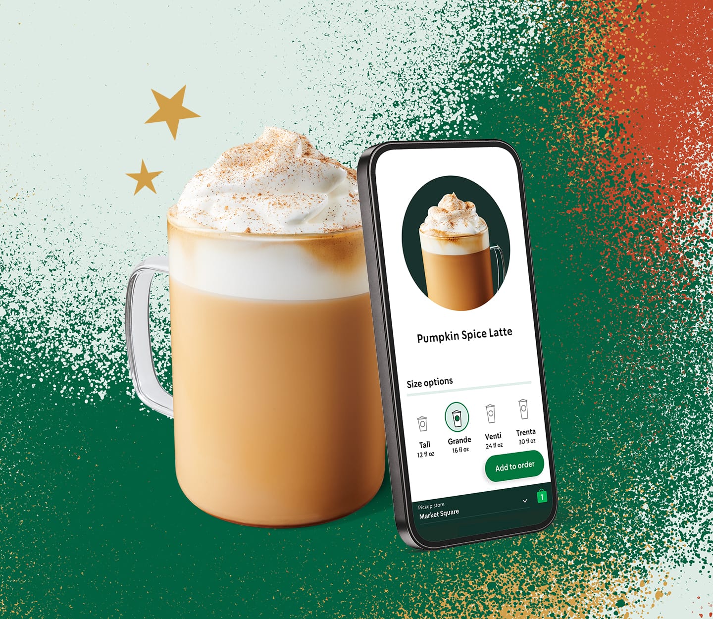 Pumpkin Spice Latte pictured with a phone featuring the Starbucks app surrounded by gold stars.