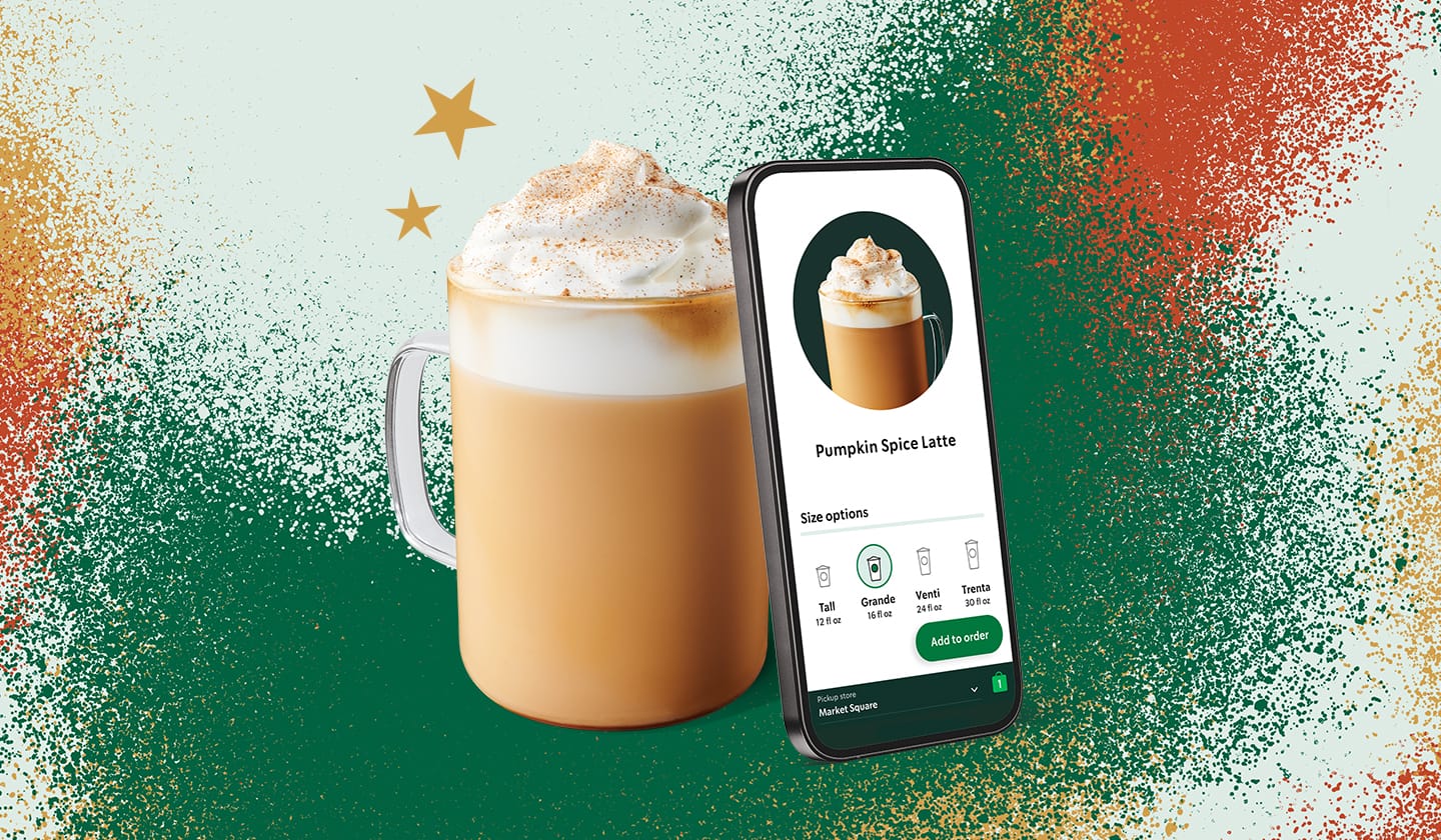 Pumpkin Spice Latte pictured with a phone featuring the Starbucks app surrounded by gold stars.