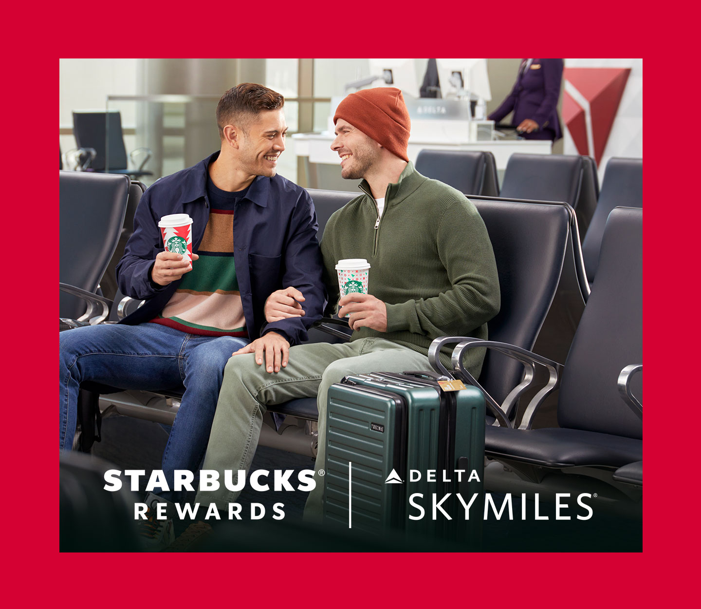 Couple at airport enjoying Starbucks drinks