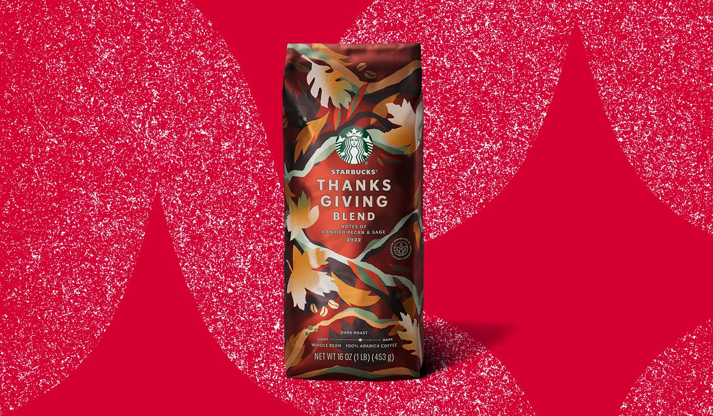 Bronze-colored coffee bag with illustrated leaves and coffee beans.