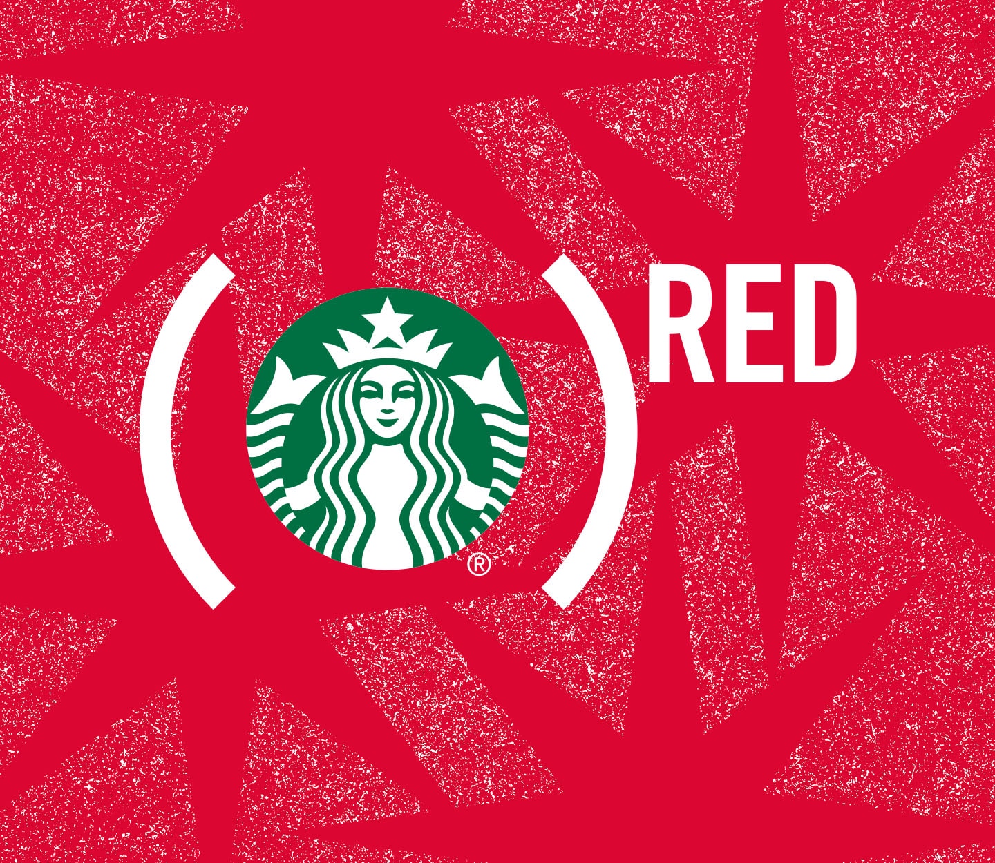 The Starbucks Siren logo paired with the (RED) logo against a festive red background.