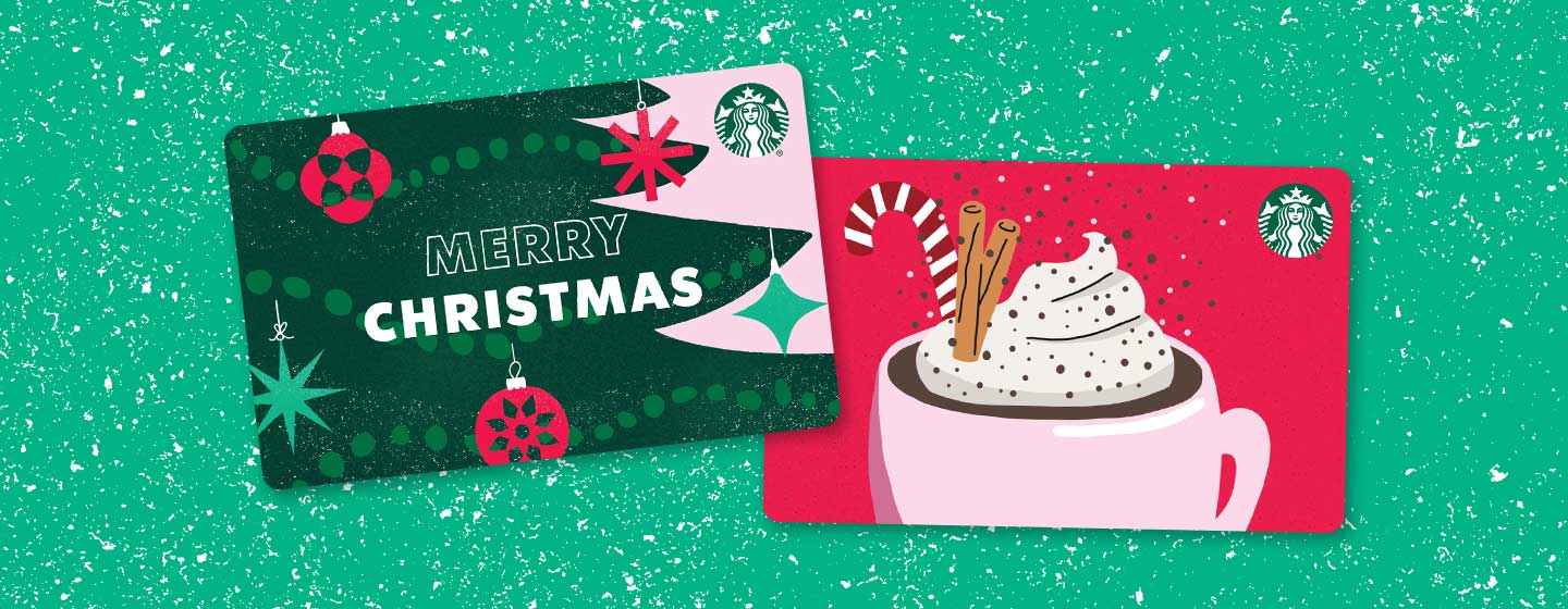 Gift card with an illustrated tree next to a gift card with an illustrated mug of hot chocolate.
