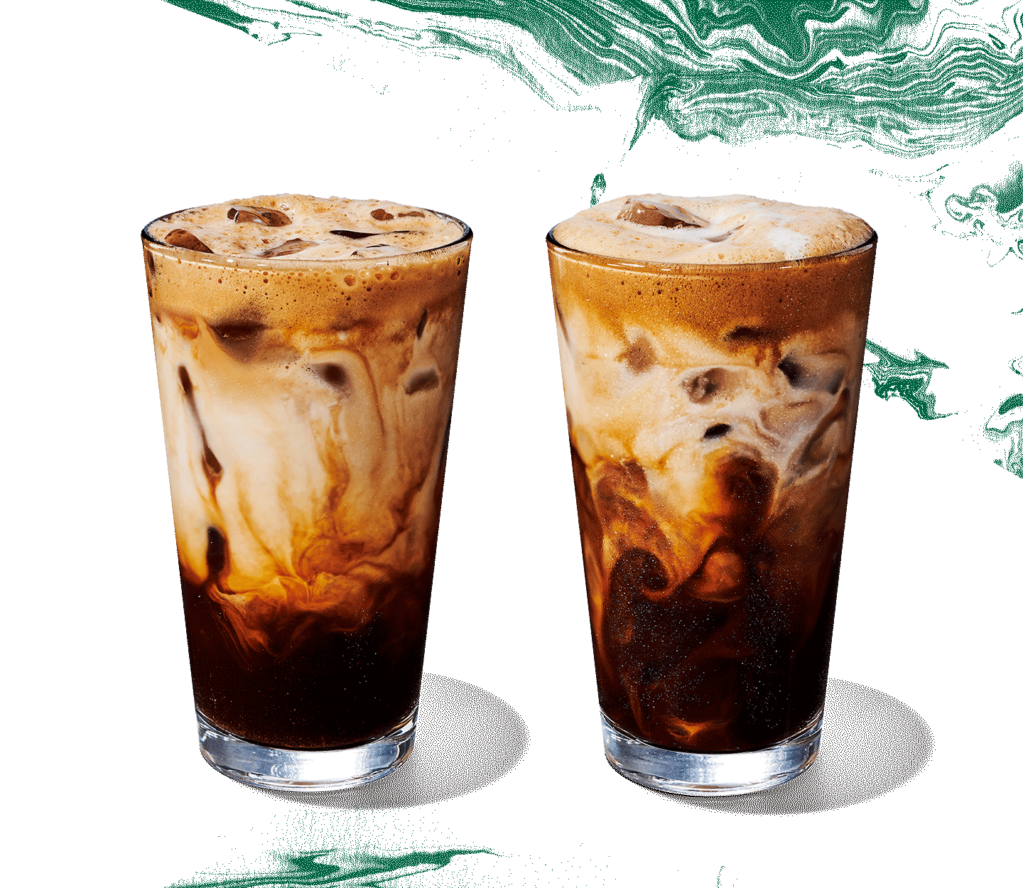Two iced coffee drinks in tall glasses, dark at the bottom and marbled toward the top