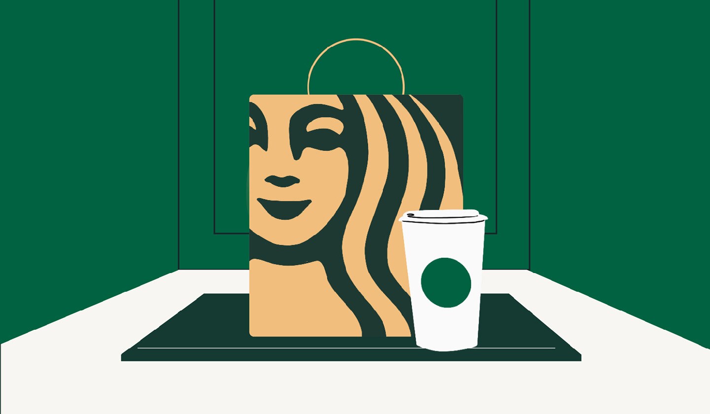 An illustrated Starbucks to-go bag and coffee sit at someone's doorstep.