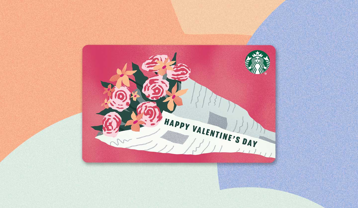 A gift card displaying an illustrated flower bouquet with the words, “Happy Valentine’s Day.”