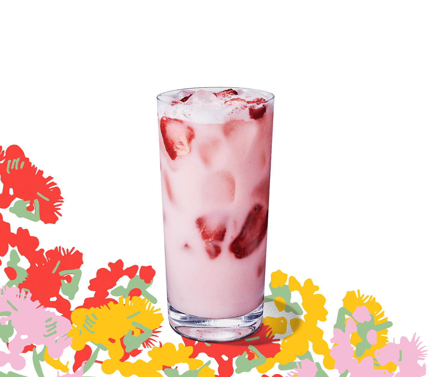 Pink iced drink with strawberry inclusions in a tall glass.