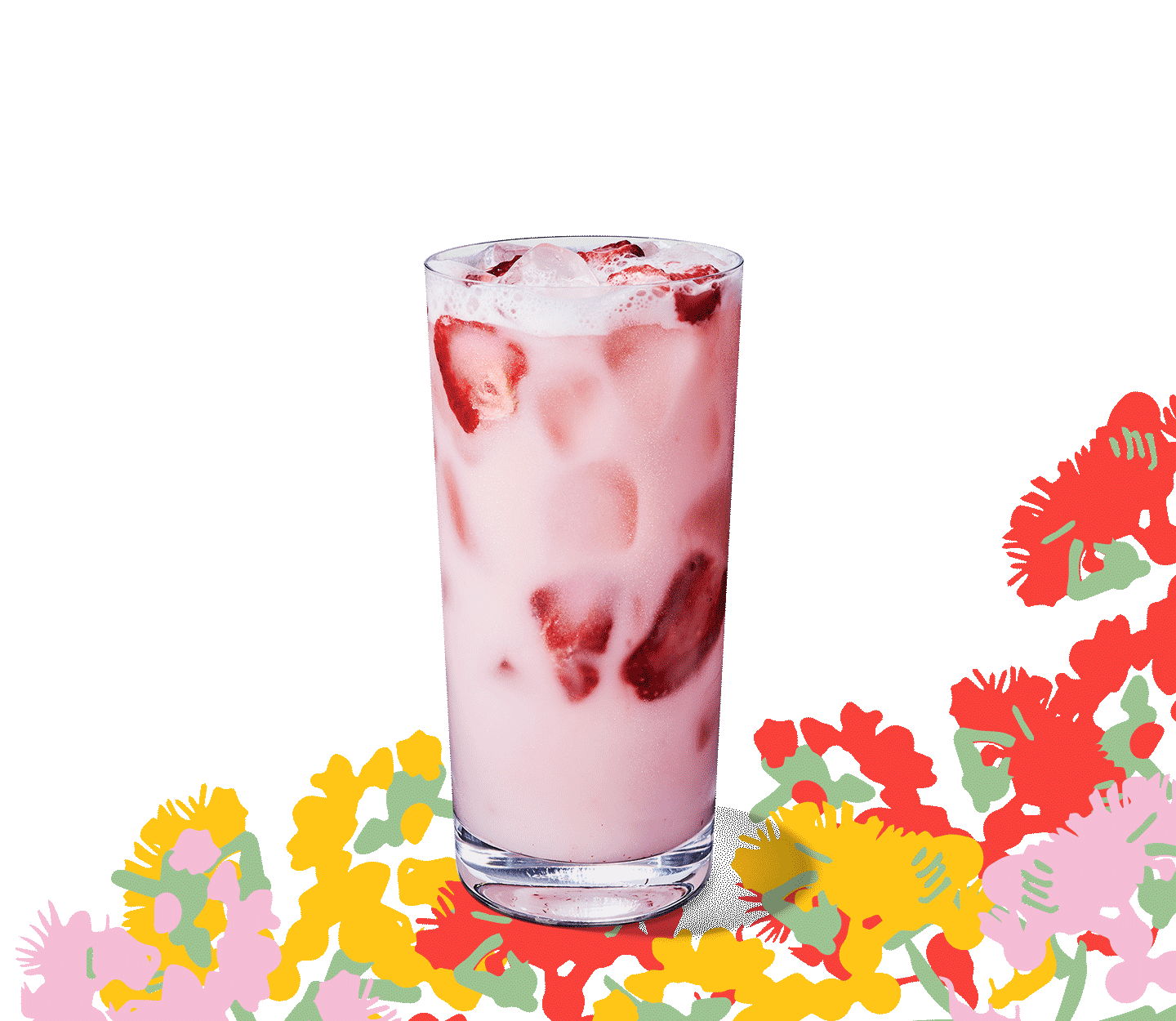 Pink iced drink with strawberry inclusions in a tall glass.