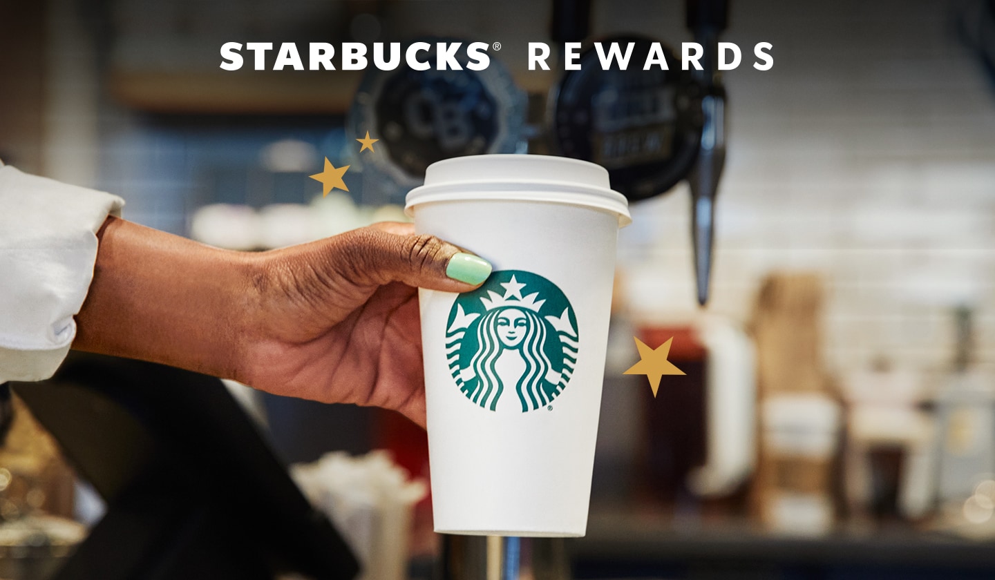 Photo of a hand holding a Starbucks to-go cup surrounded by gold stars.