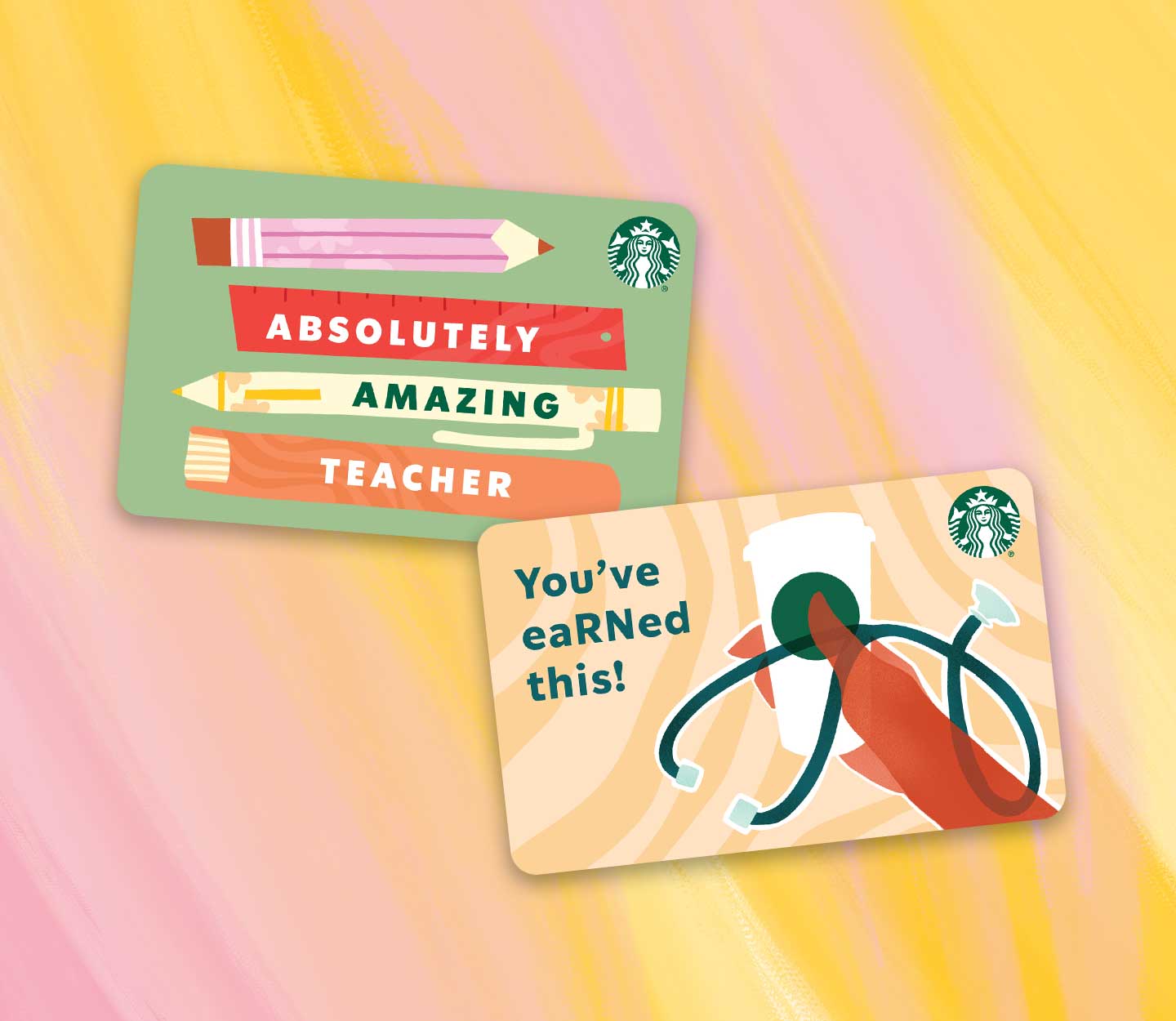 Gift card with illustrated pencils next to a gift card with an illustrated hand holding a stethoscope.