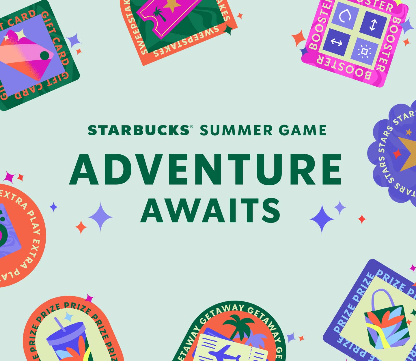 The text “Starbucks® Summer Game: Adventure Awaits” on a mint background surrounded by badges.