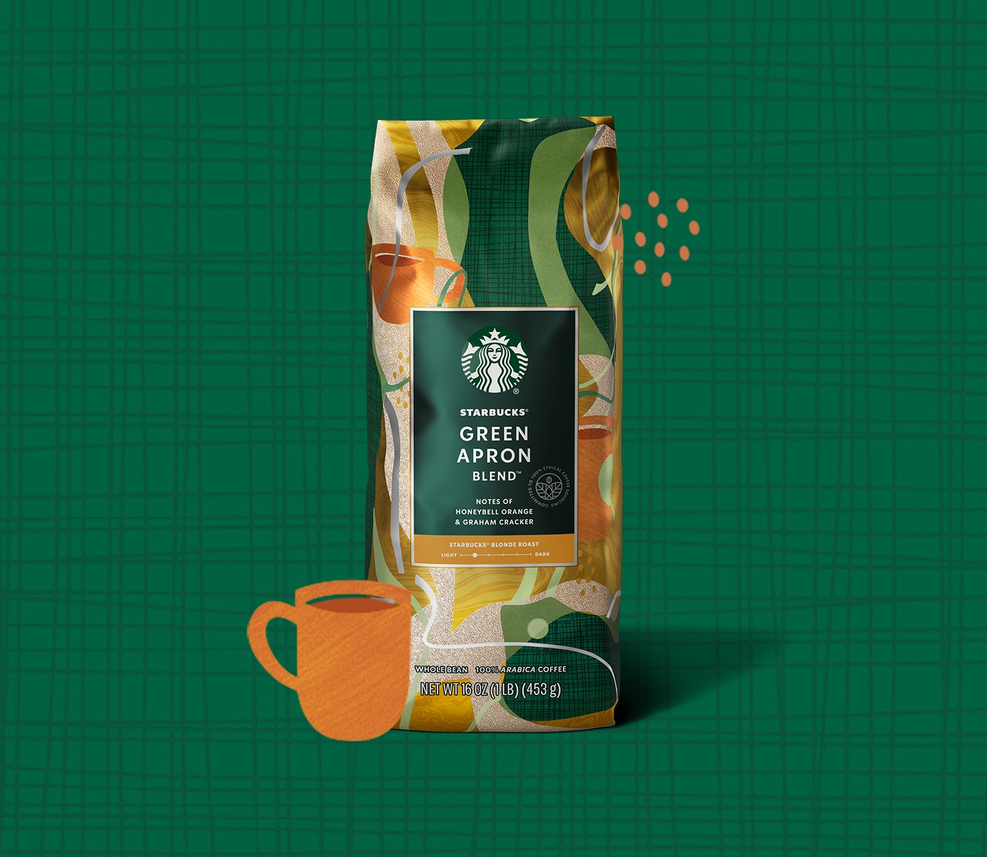 An illustrated cup of coffee sits next to a bag of Green Apron Blend coffee in front of a Starbucks green backdrop.