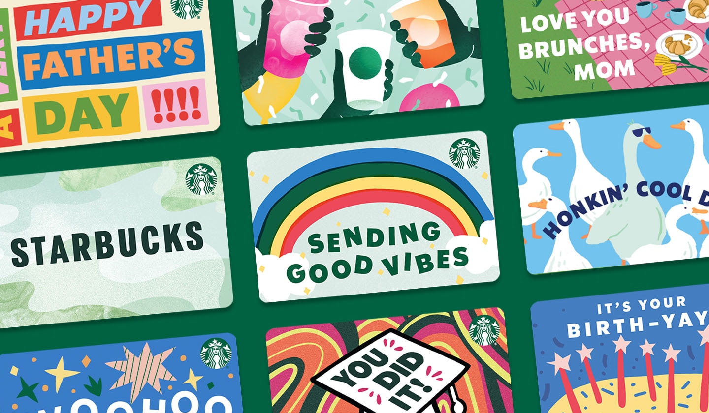 Various gift card designs on a dark green background
