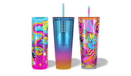 Three Starbucks tumblers stand in front of a bright yellow backdrop. The tumblers feature swirling patterns, illustrated hands and gradients.