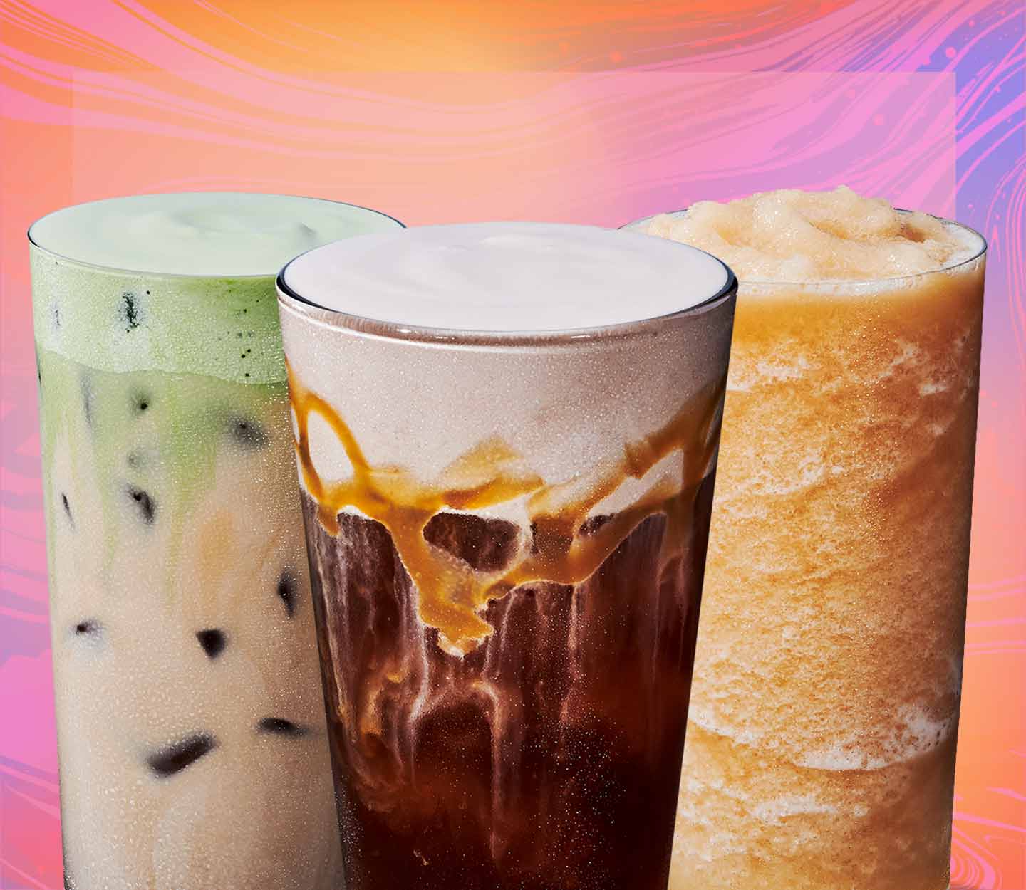 Iced chai tea, cold brew with cold foam and iced black tea in tall glasses.