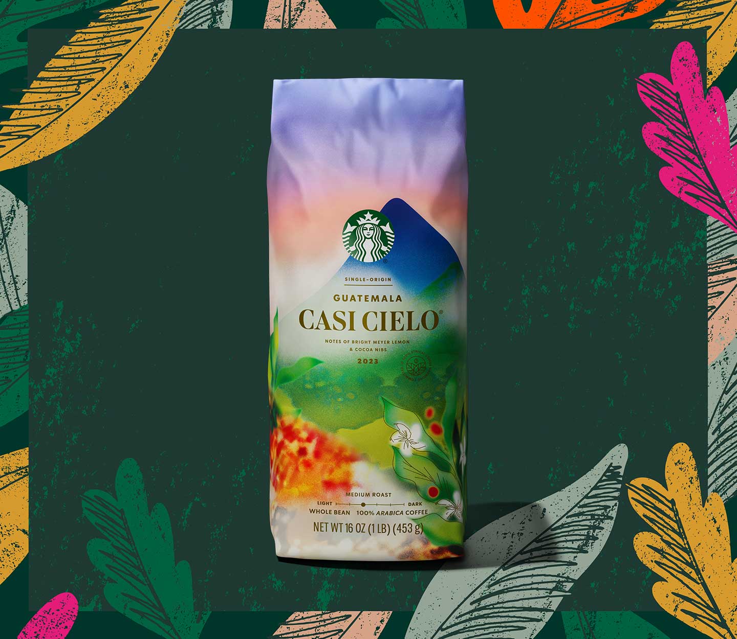 A coffee bag with a tropical, mountainous illustration surrounded by graphic leaves.