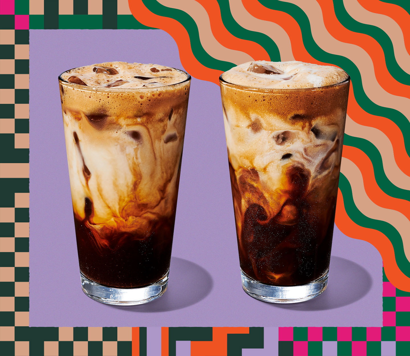 Two coffee drinks in tall glasses with creamy marbling throughout.