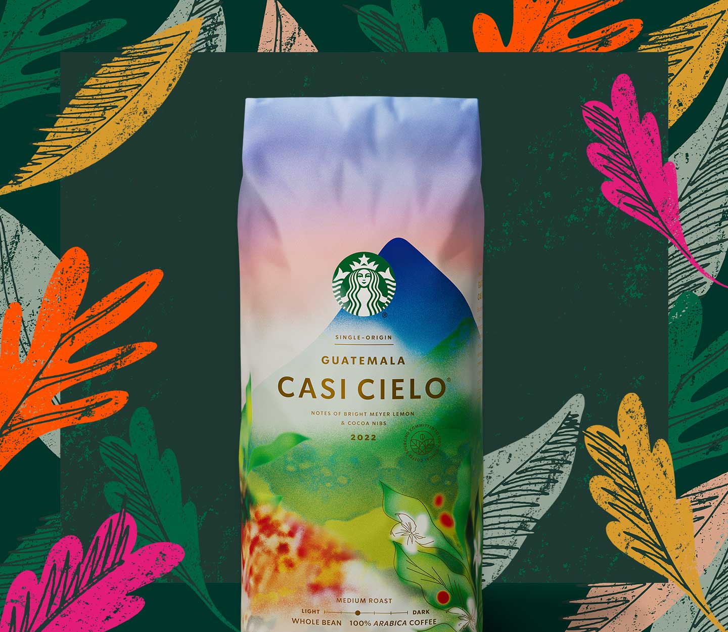 A coffee bag with a tropical, mountainous illustration surrounded by graphic leaves.