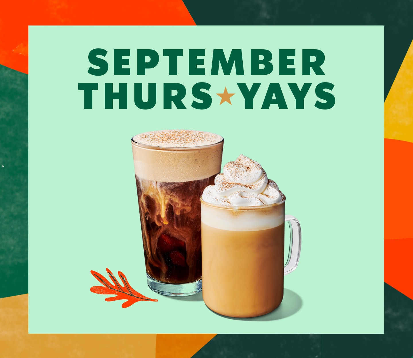 September ThursYays logo on a mint green background with falling leaves and two coffee drinks.
