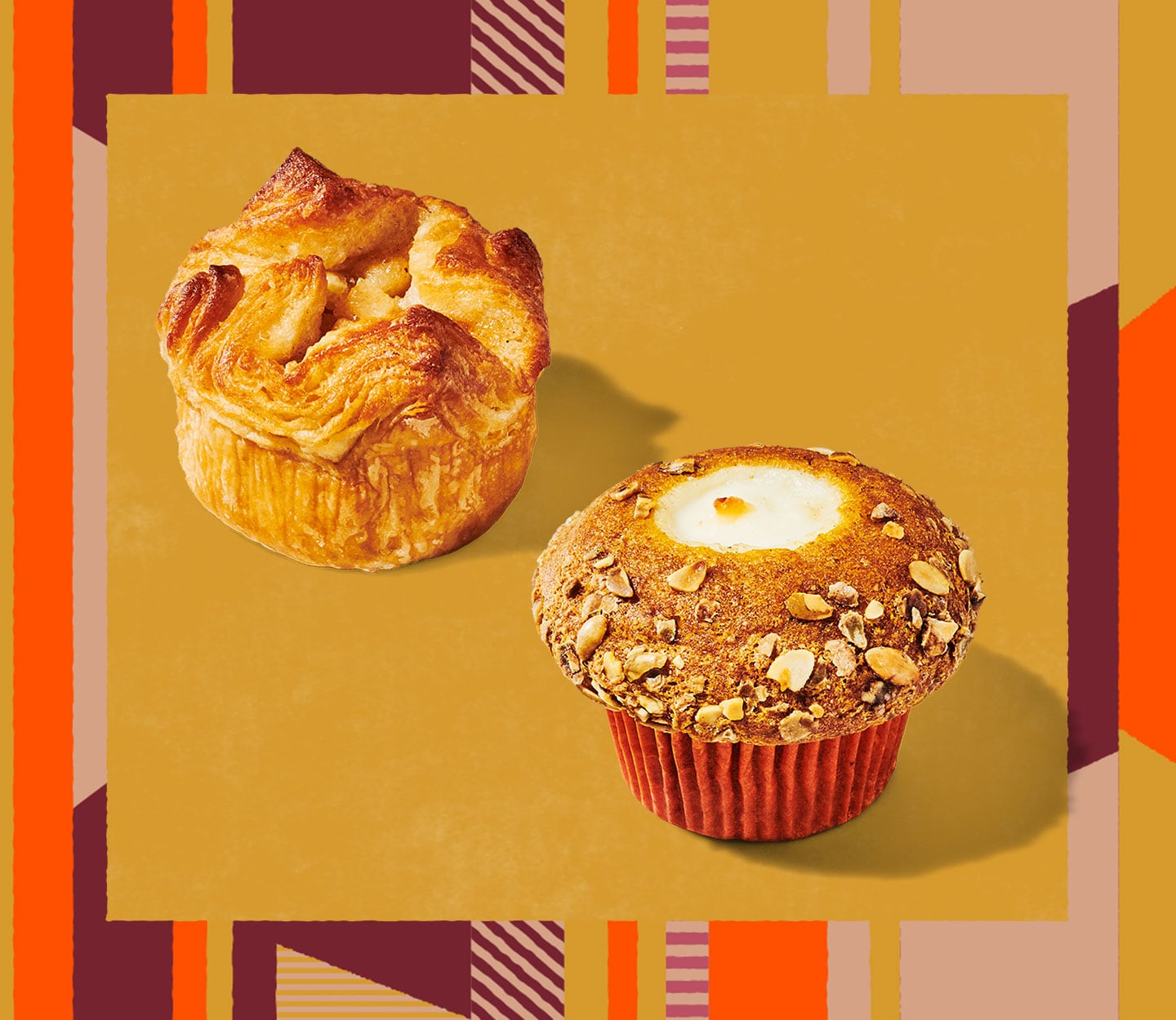 A side shot of a rounded croissant with a wavy top next to a nut-topped muffin with cream cheese showing through.