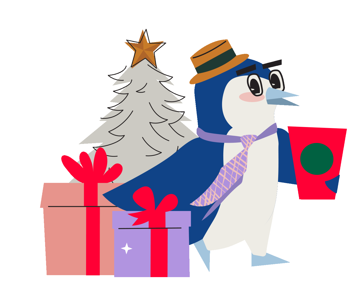 Illustration of a penguin with a coffee cup, surrounded by presents and a tree.
