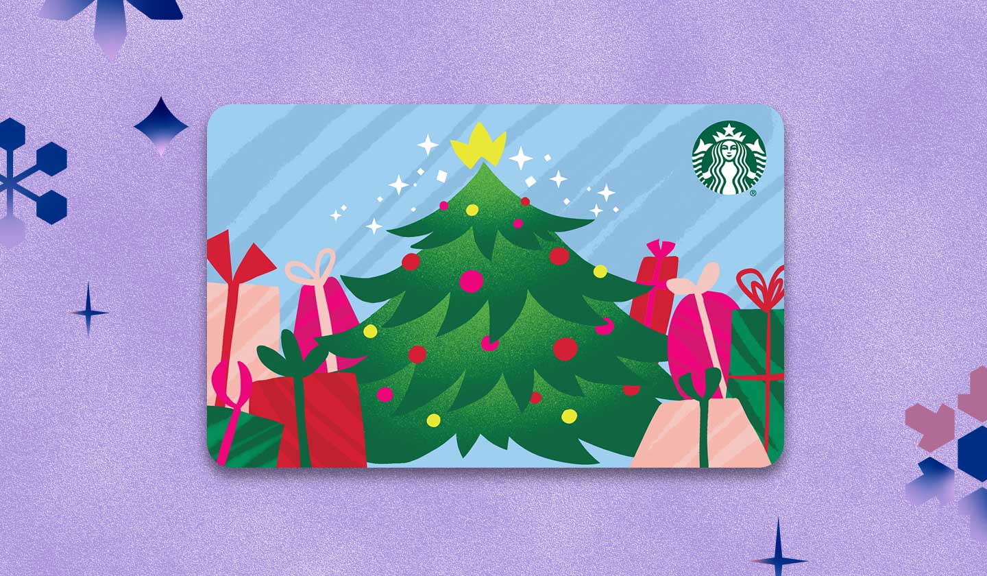 Gift card with an illustrated tree and wrapped gifts.
