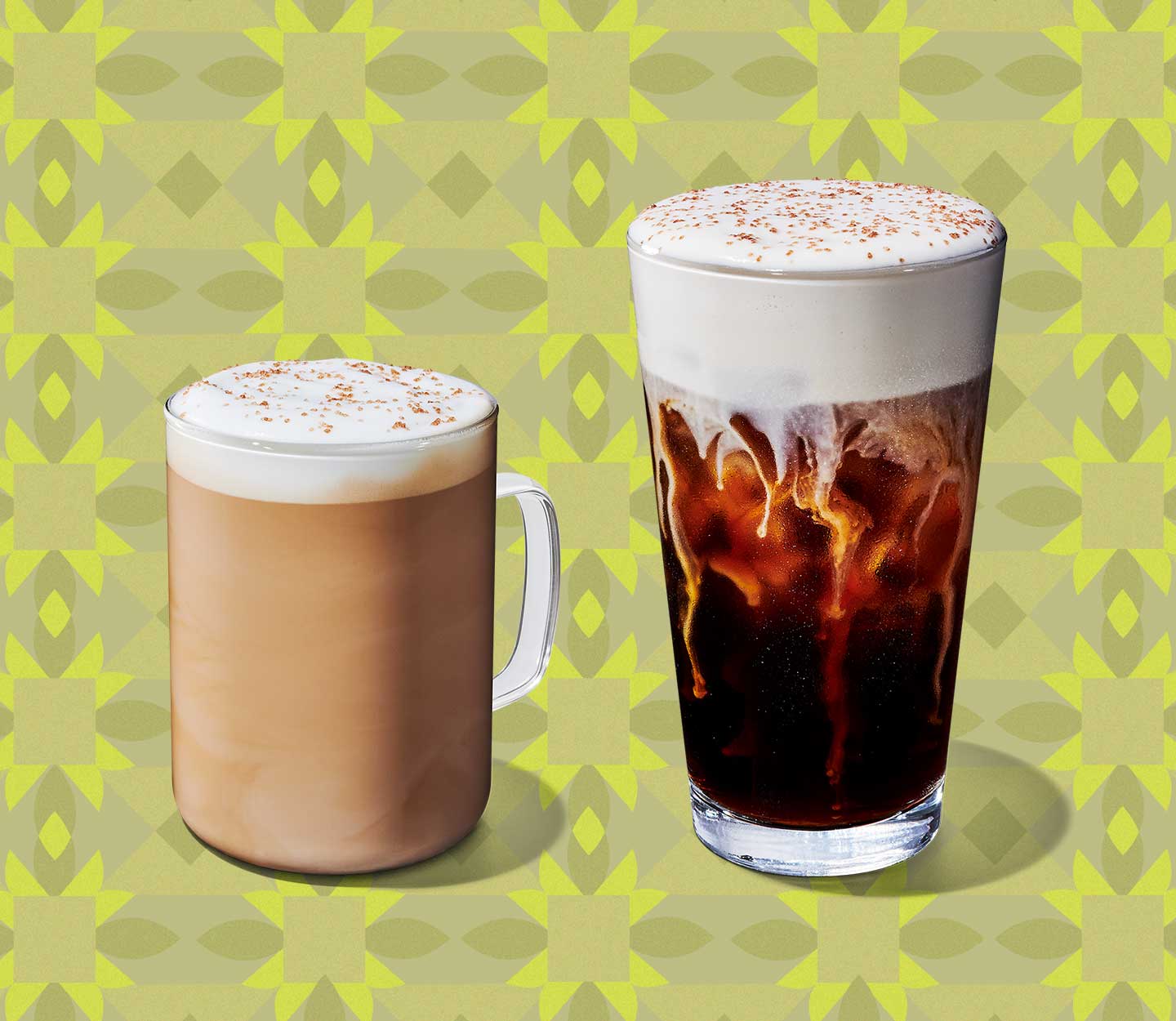 A latte with crema on top next to a cold coffee with frothy topping, both in clear glasses.