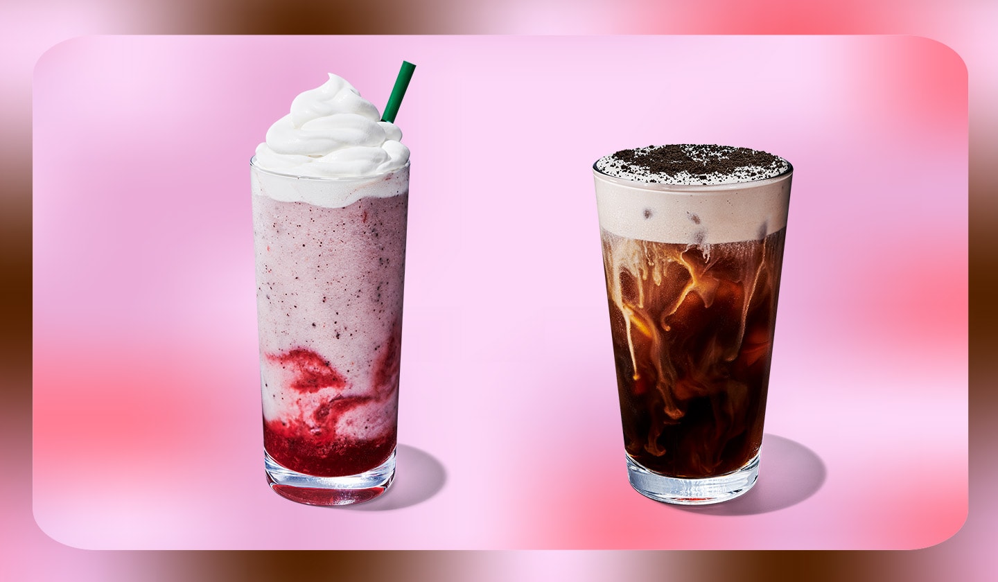 Light-pink blended drink with whipped cream next to an iced coffee with cold foam.