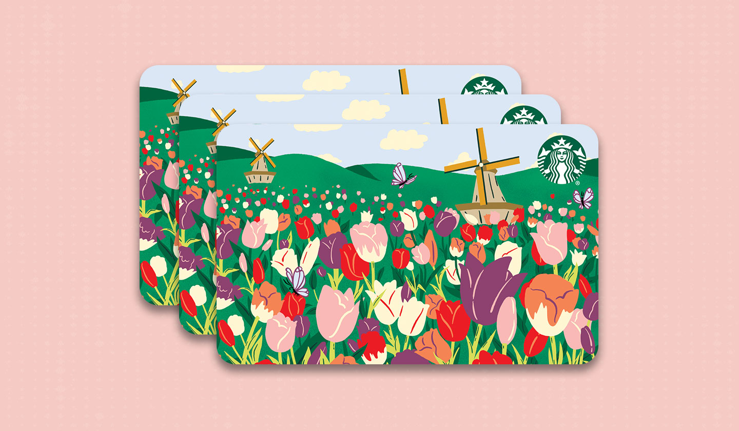 Three matching gift cards illustrated with bright tulips.