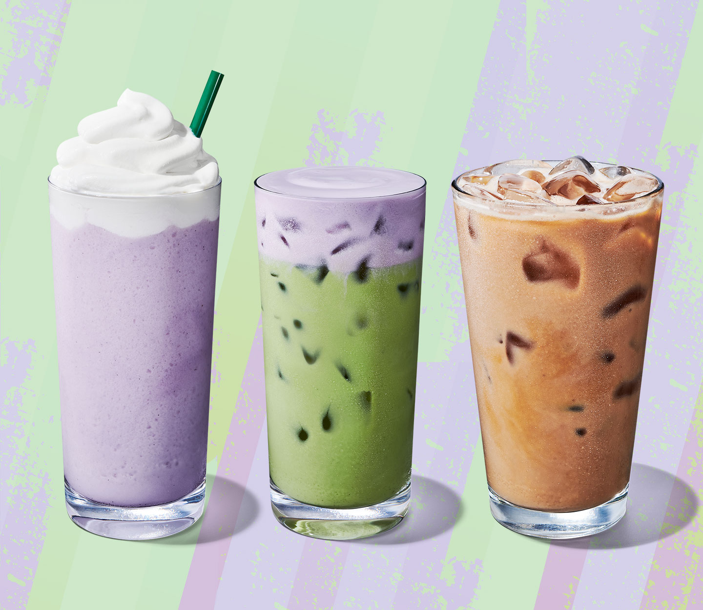 Lavender-hued blended drink, an iced green tea with a foamy topping and a creamy latte.