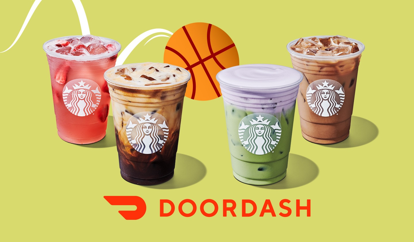 DoorDash logo next to baseketball and four drinks