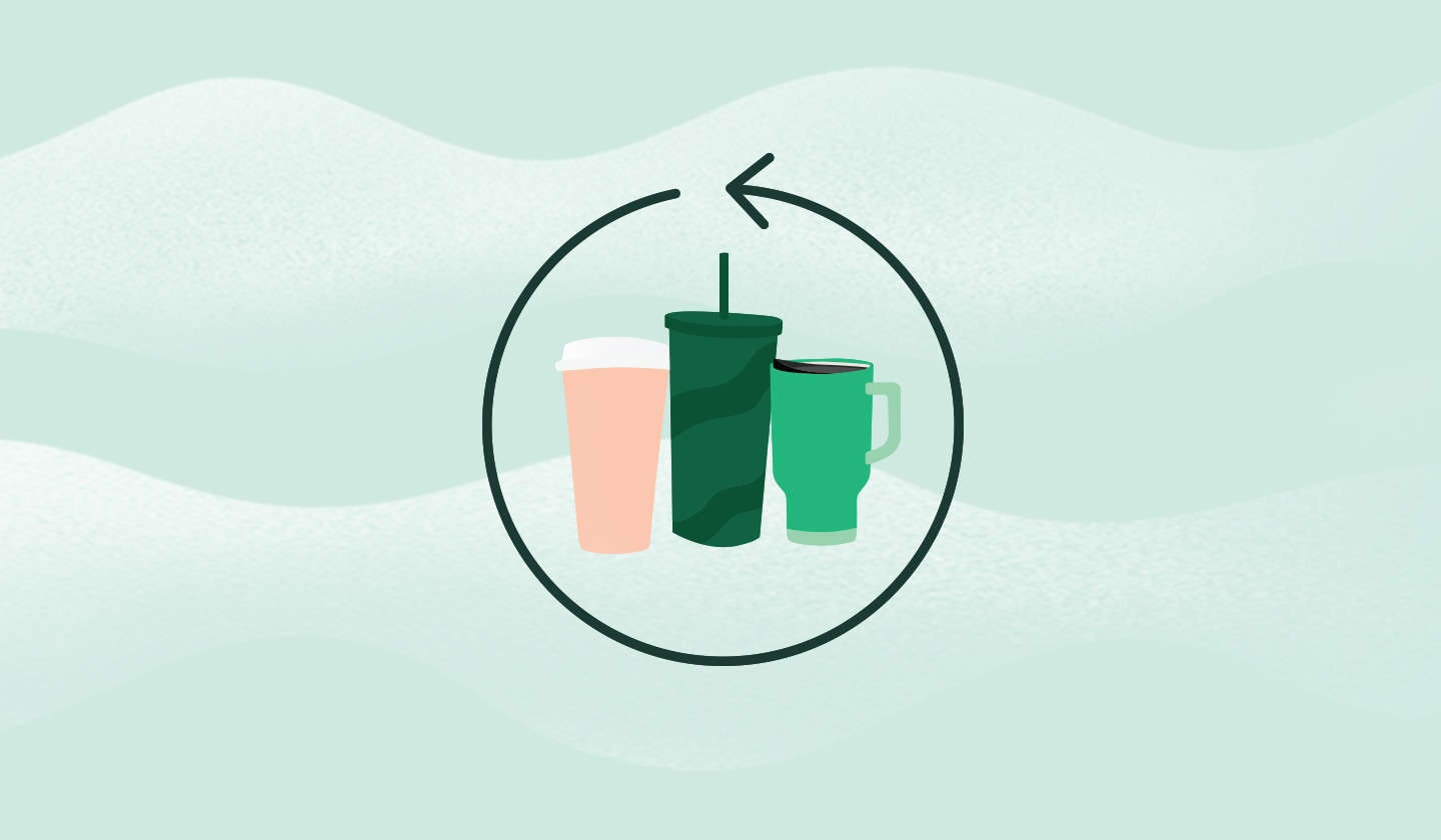 An illustration of three reusable cups—a pink hot cup, a green tumbler with a straw, and a light green travel mug—in the middle of a circle arrow.