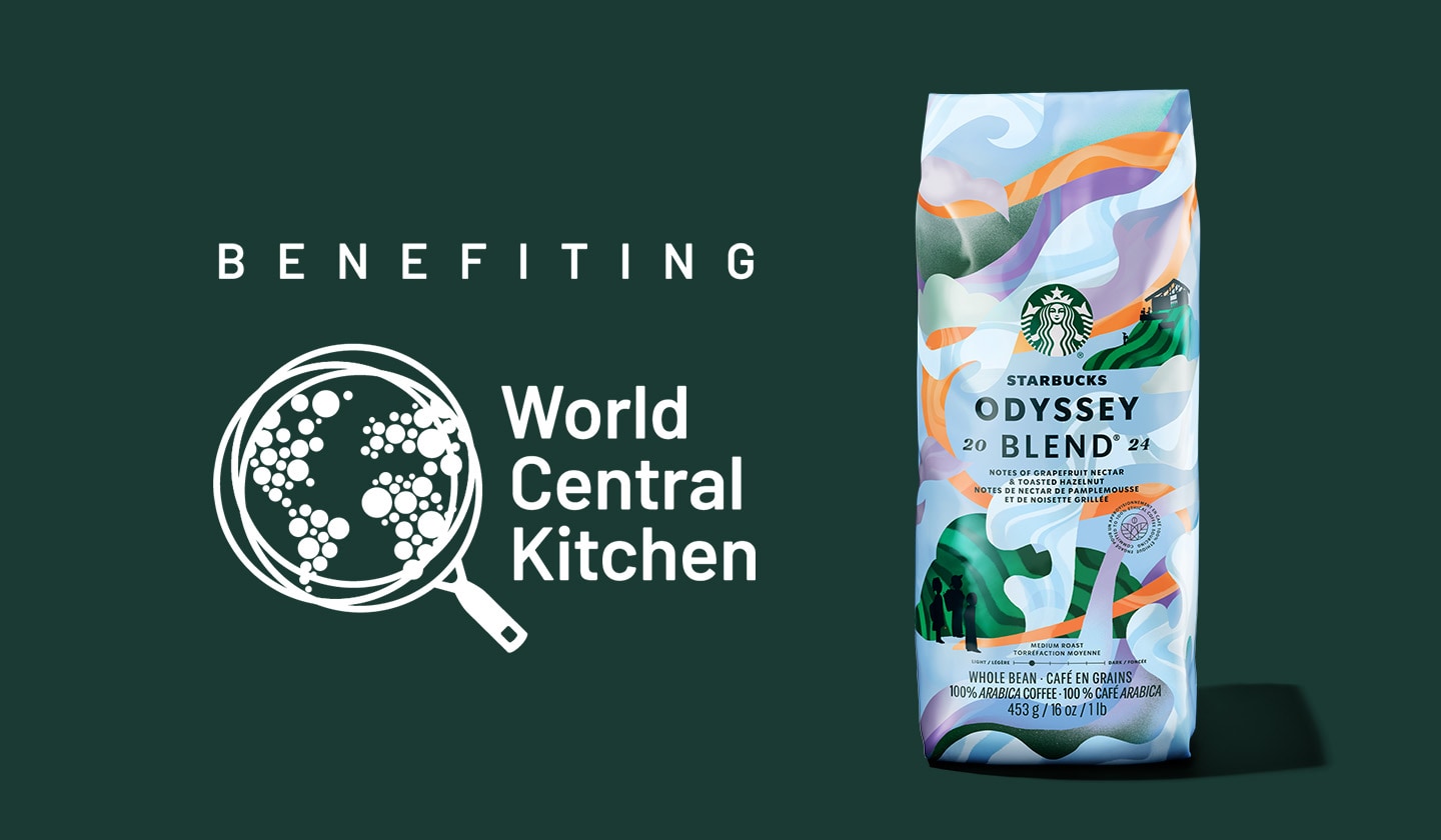 A bag of Starbucks Odyssey Blend sits in front of a green background. On its left, the “Benefiting World Central Kitchen” logo featuring an illustrated globe inside a cooking pan.