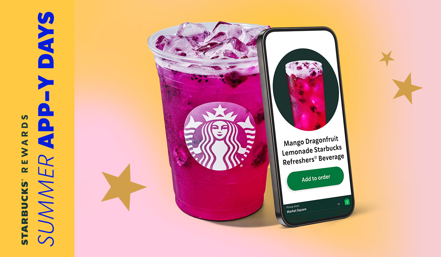Mango Dragonfruit Lemonade Starbucks Refreshers® Beverage next to phone surrounded by stars