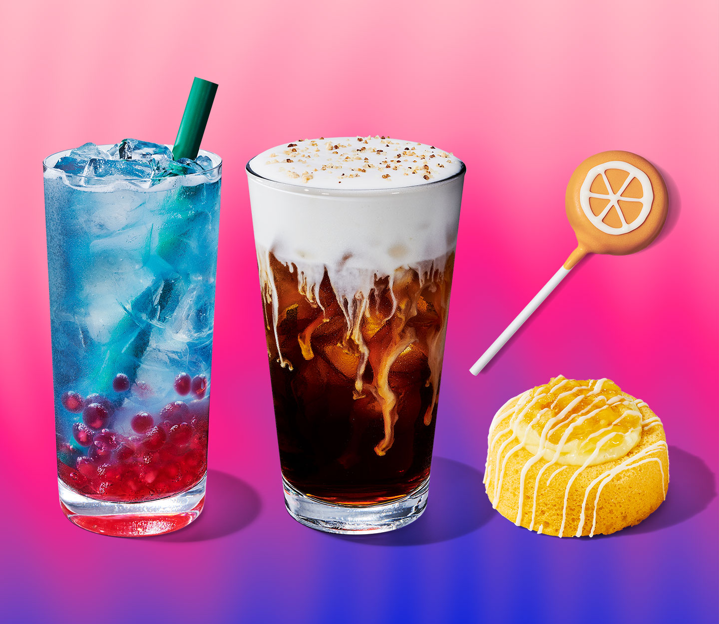 A blue drink with red pearls in a tall glass, a creamy cold coffee with creamy topping, a round, pineapple pastry and a cake pop.