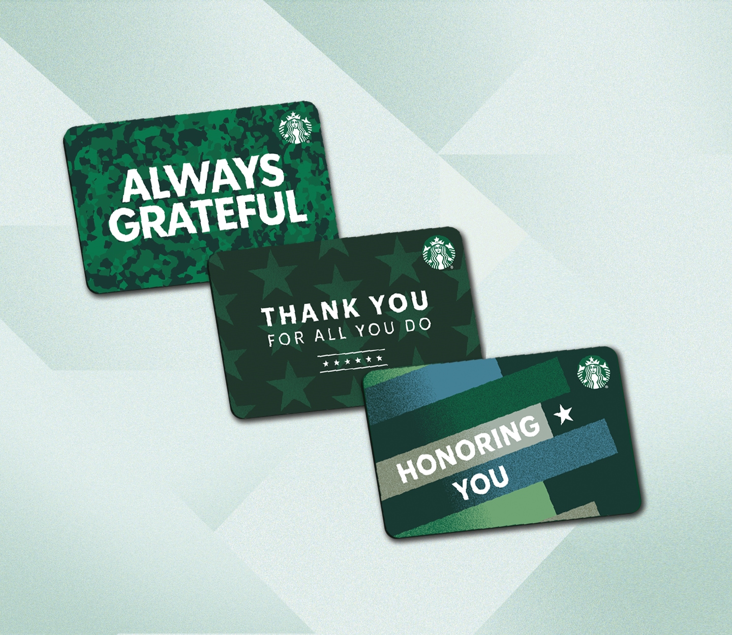 Graphic featuring the three eGifts in the Military Appreciation category. From left to right: a camouflage patterned card that says “Always Grateful;” a star patterned card that says “Thank you for all you do;” a stripe patterned card that says ”Honoring you.”