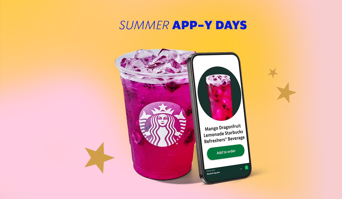 Mango Dragonfruit Lemonade Starbucks Refreshers® Beverage next to phone surrounded by stars.