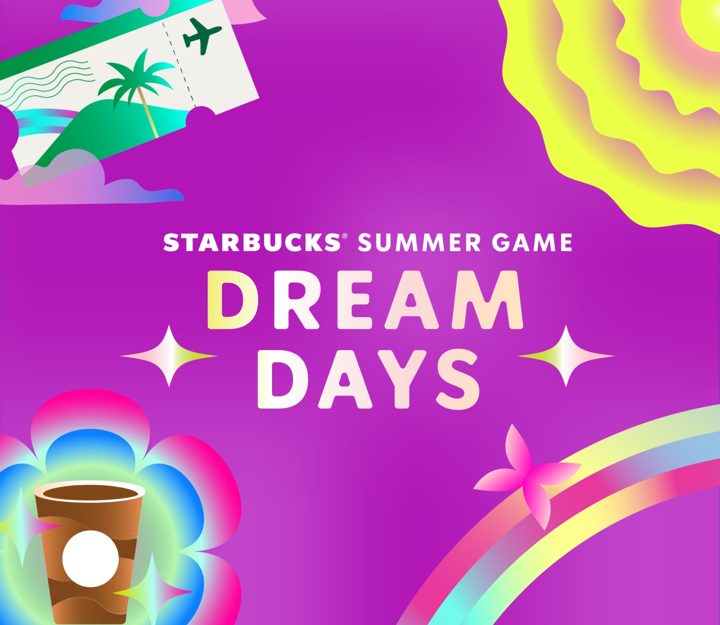 The text “Starbucks® Summer Game: Dream Days” on a magenta background surrounded by prize icons.