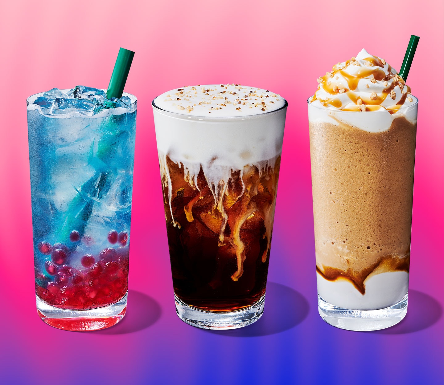 A blue drink with red pearls, a cold coffee with creamy topping and cookie sprinkles, and a blended coffee drink with whipped cream.