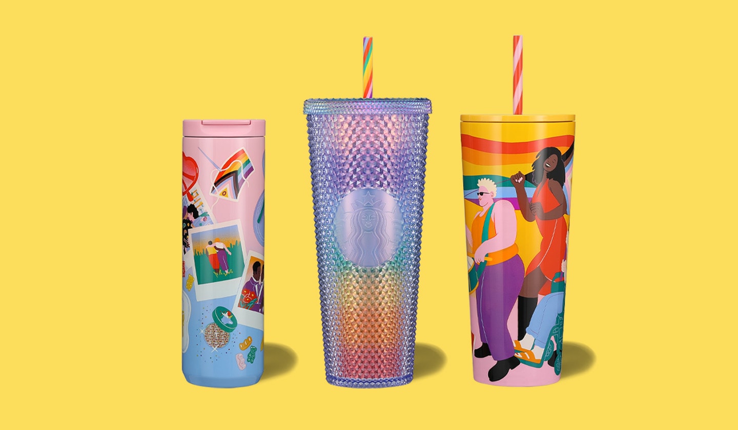One tumbler and two cold cups featuring Sofie Birkin's art on a colored background.