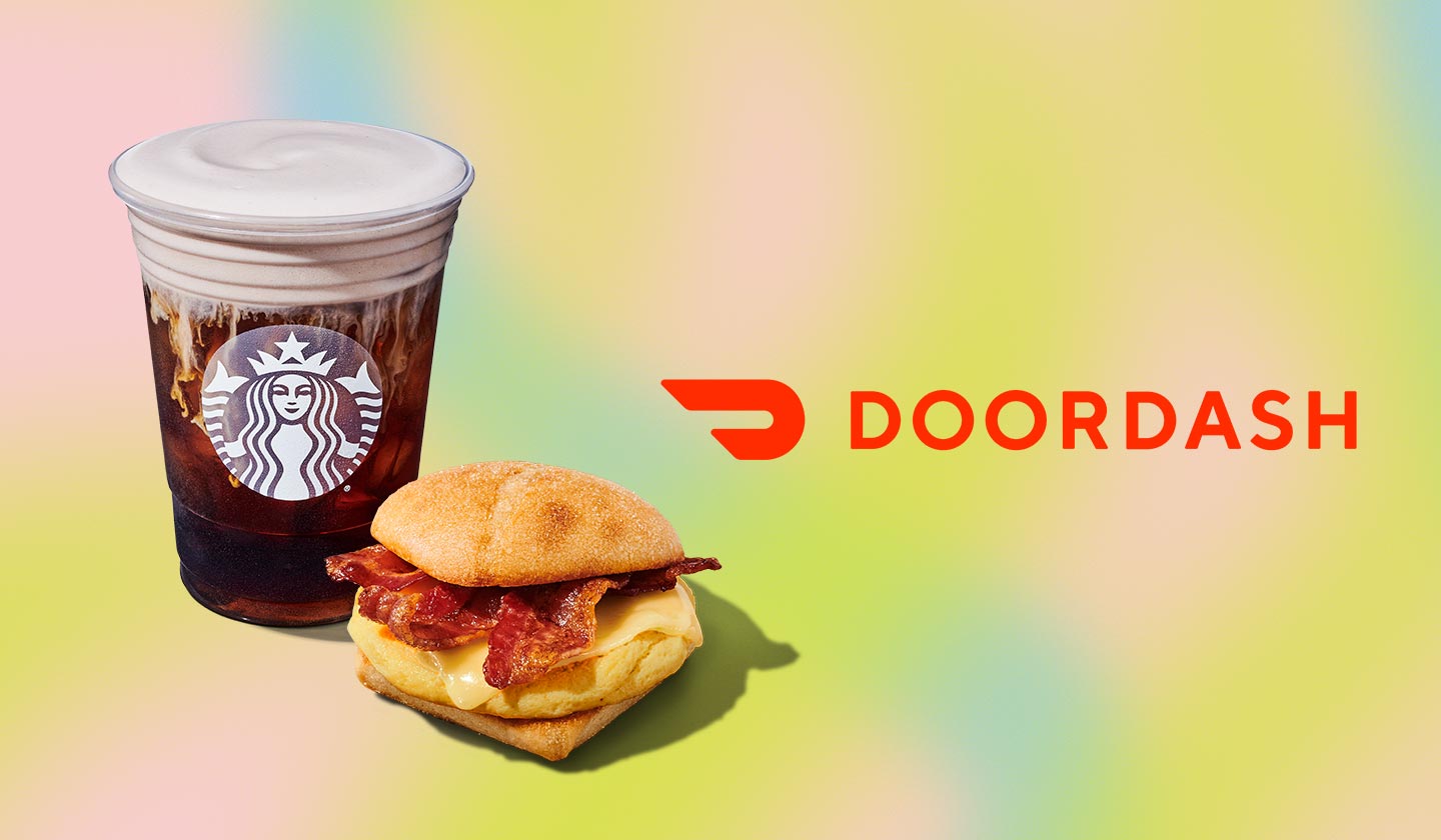 A Chocolate Cream Cold Brew and a Bacon, Gouda & Egg Sandwich on a colorful background. 'DOORDASH' logo & wordmark appear to right of pairing.