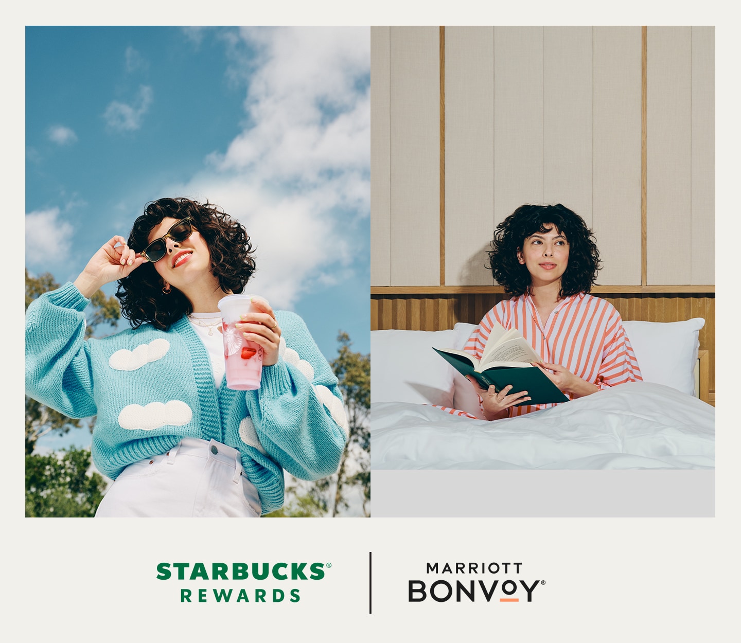Image of woman outside with Starbucks® drink and another image of her in bed reading. Both images are in a sand-colored border. 'STARBUCKS REWARDS' and 'MARRIOTT BONVOY' logos appear.