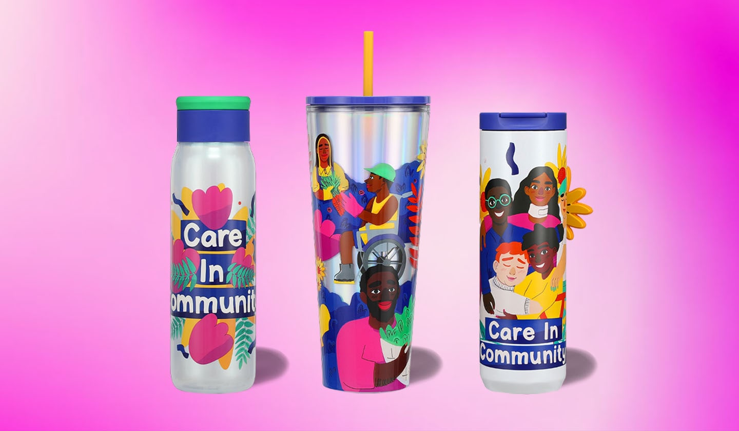 One tumbler, one cold cup, and one water bottle featuring Ananya Rao-Middleton's art on a colored background.