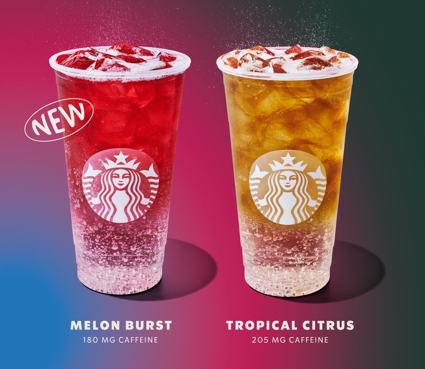 Two venti iced drinks on a gradient background, with a text bubble that says NEW. The caffeine content is listed under each drink—180 mg for Melon Burst and 205 mg for Tropical Citrus.
