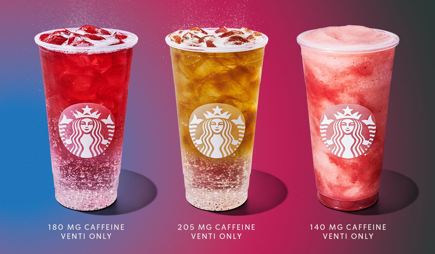 Three venti-sized iced drinks, two are a sparkling clear beverage topped with a pink or green tea, and the third is frozen with pink swirls of strawberry puree.