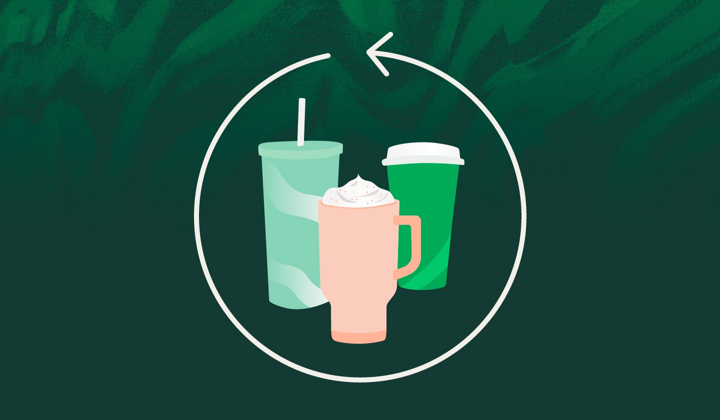 Three different styles of reusable cup, featuring a Pumpkin Spice Latte, circled by a "recycle" arrow on a green background.