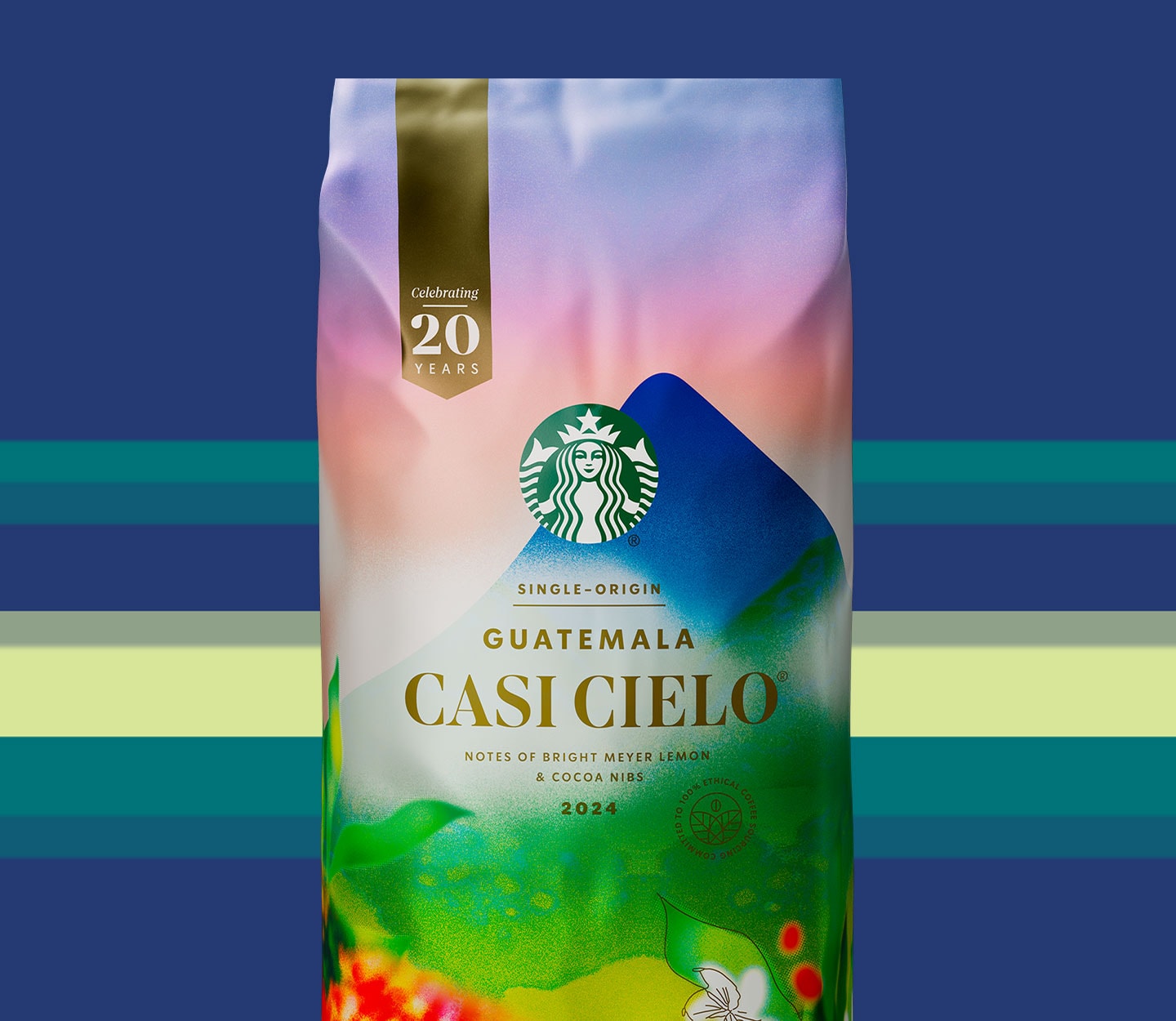 A coffee bag with an illustration of a mountain and green foliage below.