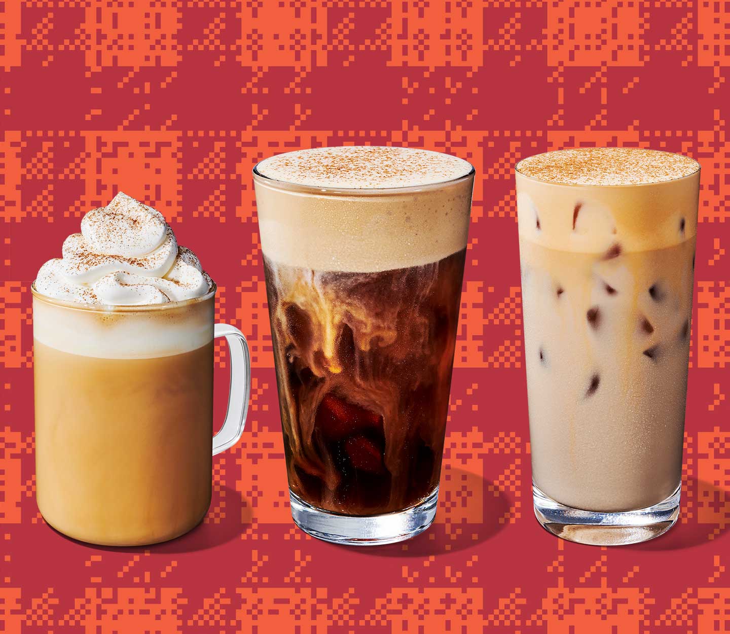 A trio of drinks in glasses: a hot coffee with whipped cream, cold coffee with marbling and frothy top and cold latte.